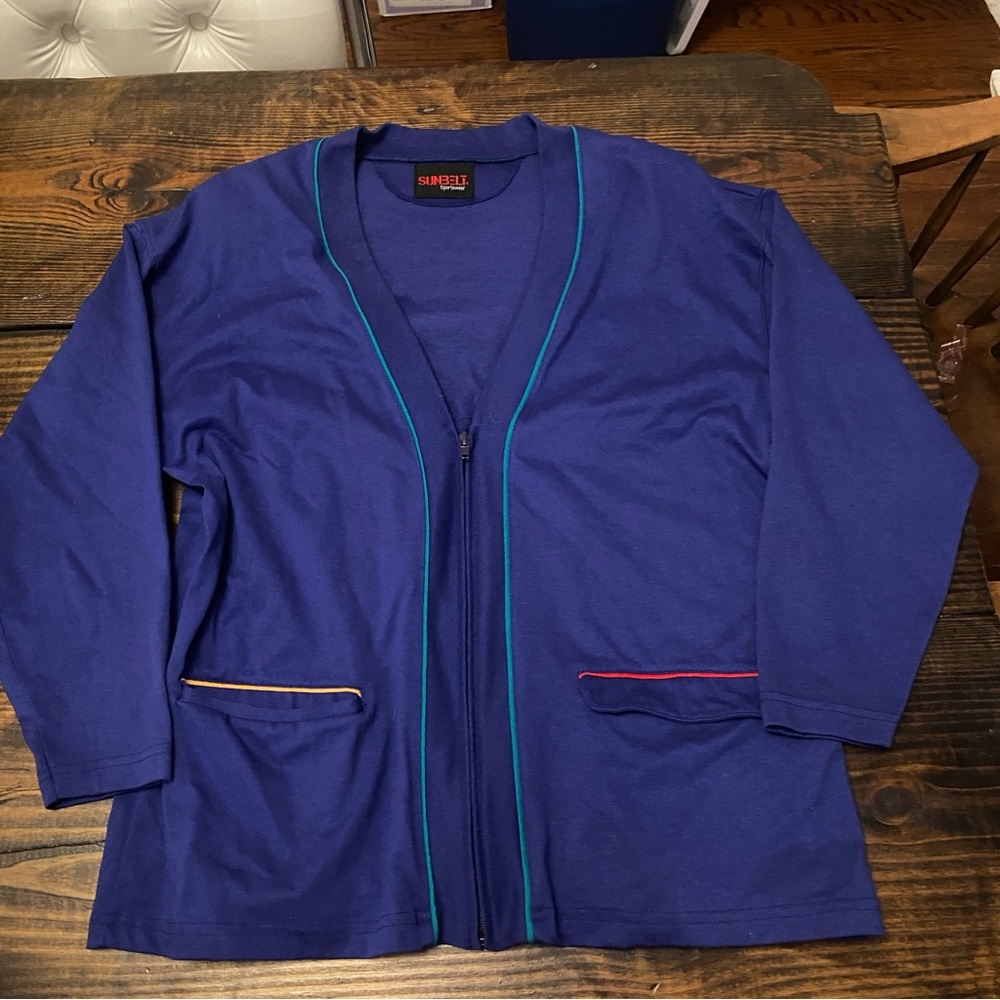Vintage sunbelt 80s royal blue purple primary 3/4 sleeve zip front top jacket M